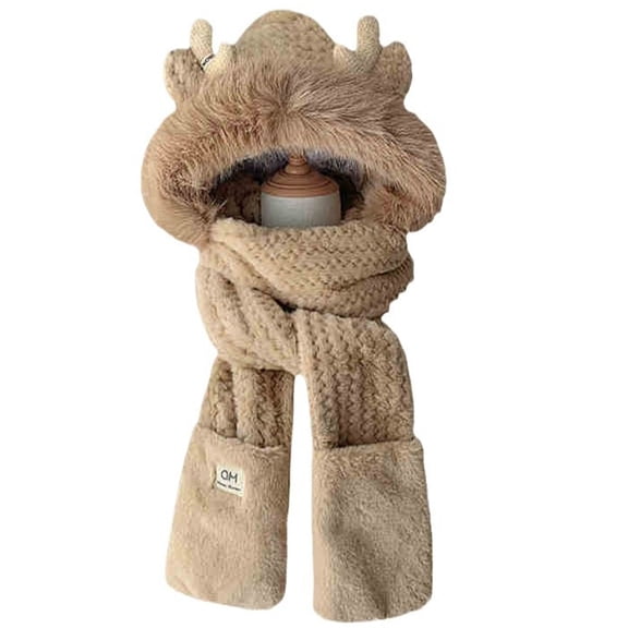 COMEET Hooded Scarf, Furry Scarf Hat Gloves Set for Women Outdoor Sports Furry Soft Hat Thickened Headgear Hat for Winter Sports