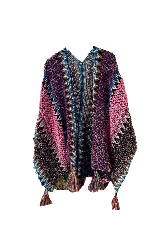 Jumper Scarf, Ladies Knitted Cape with Fringed , Crochet Poncho Colorful Patterns for Womens Ethnic Cape Shawl Coat