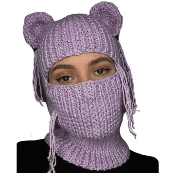 COMEET Knit Hat, Knit Bear Ear Hat for Students Adult Windproof Winter Hat Neck Protect Hat Teenagers Keep Warm Cycling Hat