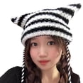 thumbnail image 1 of COMEET Knit Hat, Knitted Devil Hat for Students Adult Windproof Foldable Stripe Pattern Hat Handmade Cat Ear Shape Keep Warm Cycling Hat, 1 of 21