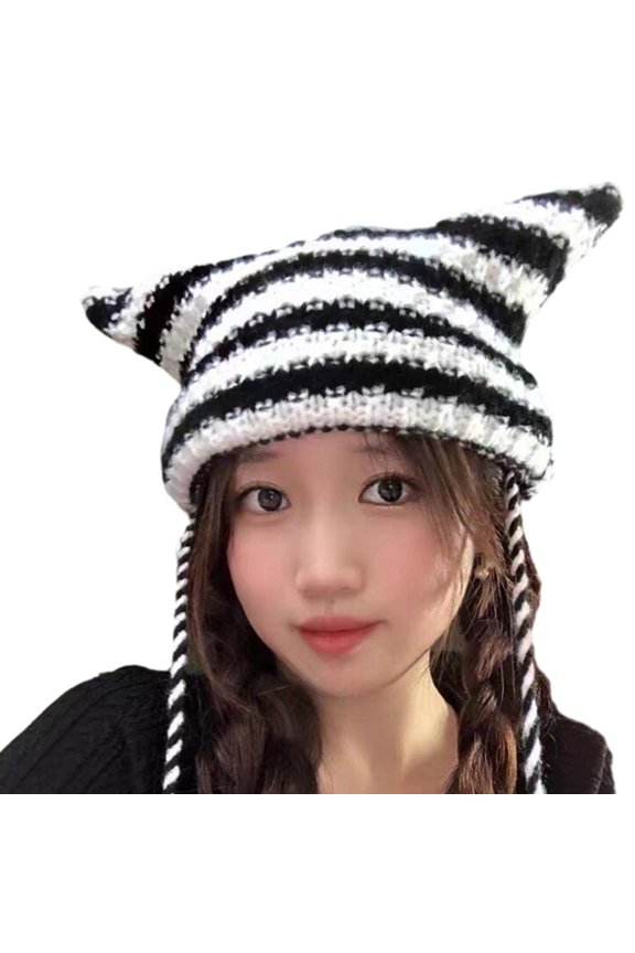 Knit Hat, Knitted Devil Hat for Students Adult Windproof Foldable Stripe Pattern Hat Handmade Cat Ear Shape Keep Warm Cycling Hat