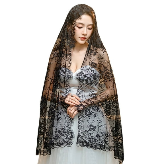 COMEET Mantilla Mass Veil, Catholic Mantilla Mass Veil Religious Ceremony Veil Embroidery Lace Veil for Religious Prayer