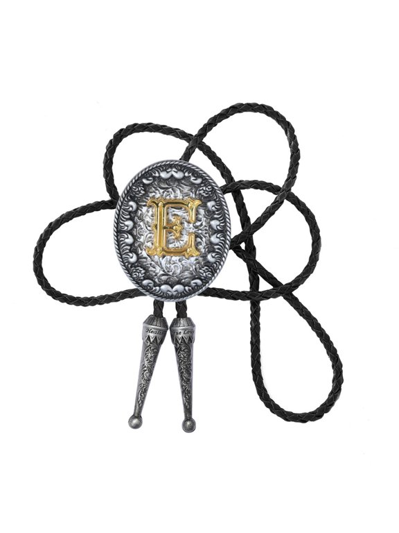 Men Necktie, Adjustable Leather Bolotie with Metal Initial Letter Pendant Necktie Western Wear Adjustable Necklace for Men Women