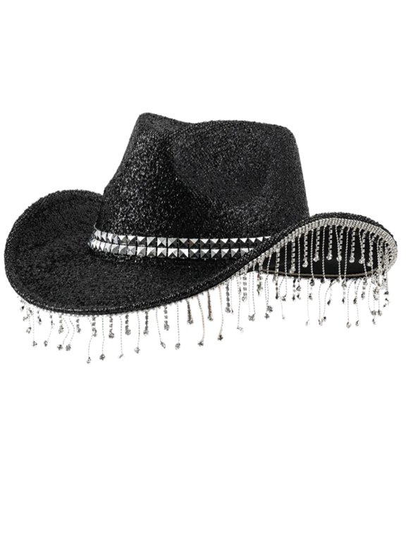 cosplay hat,Shimmering Rhinestones Fringed Hat for Women Men Musical Festival Fedoras Hat with Large Glittering Powder for Parties