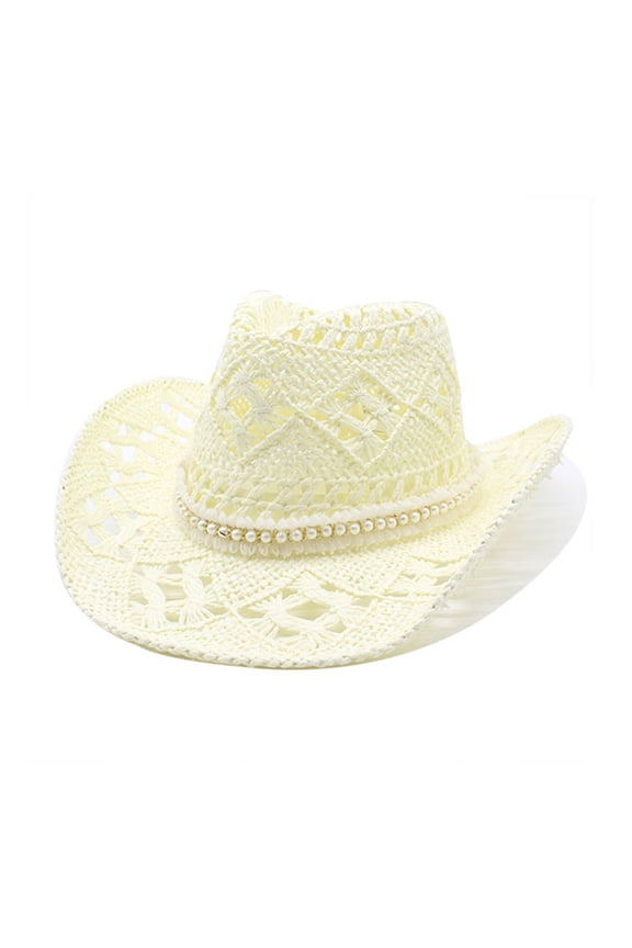 cowboy hat, Hollow Out Hat for Women Pearls Cowgirl Straw Hat Wedding Party Props Bachelorette Party Hat for Female