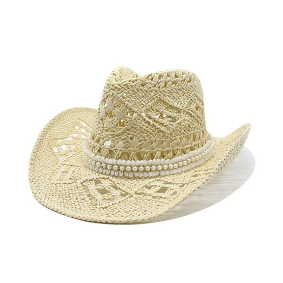 COMEET cowboy hat, Hollow Out Hat for Women Pearls Cowgirl Straw Hat Wedding Party Props Bachelorette Party Hat for Female