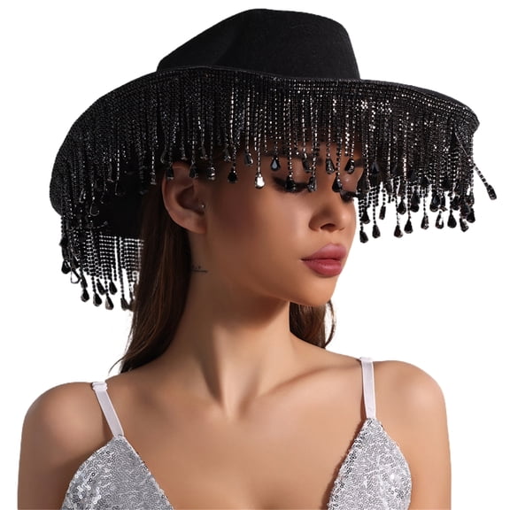 COMEET party hat, Rhinestones Fringed Hat for Women Large Brims RolePlay Hat Wedding Party Props Bachelorettes Dress Up Hat