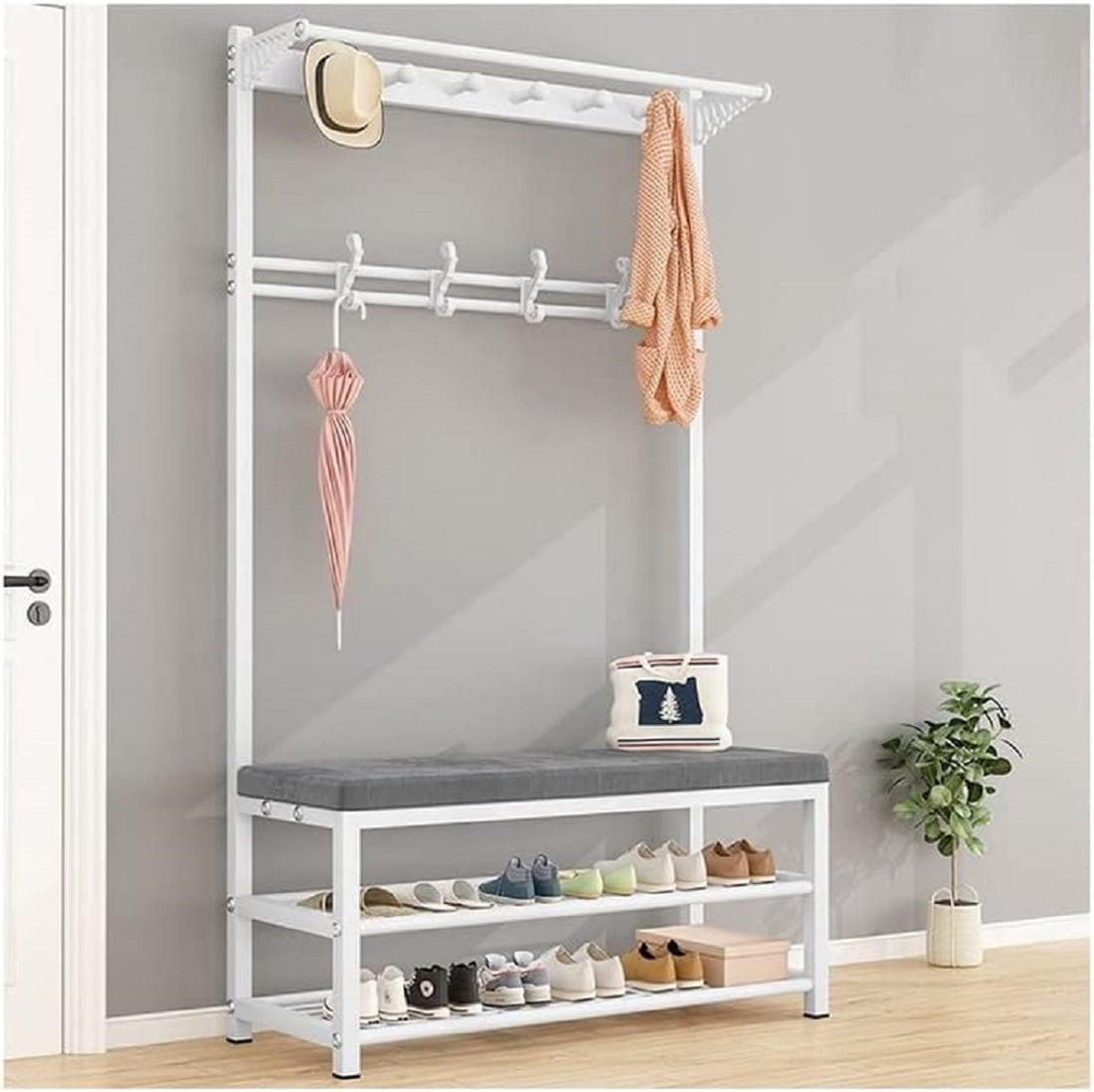 COMEONROA 3 in 1 Entryway Hall Tree Coat Rack with Shoe Storage Bench,  3-Tier Entryway Bench with 10 Hooks, White 