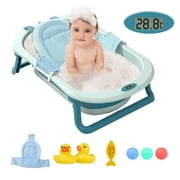EONROACOO 31in Baby Bathtub with Bath Seat & Toys, Foldable Baby Tub for Infant, Unisex(Green, Net)