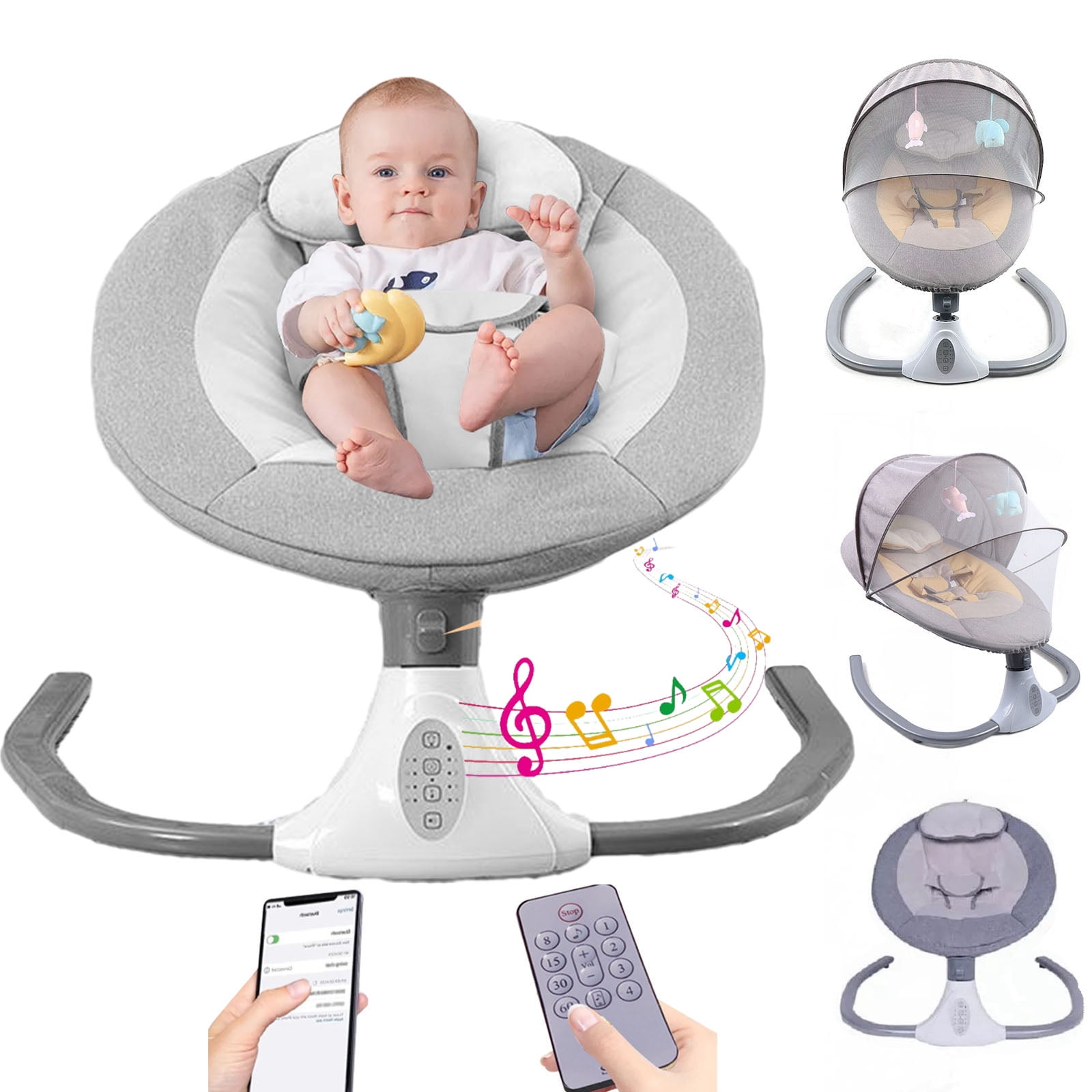 COMEONROA Baby Swing Portable Electric Baby Swing Bluetooth Infants Swing  with Remote Control, Gray 