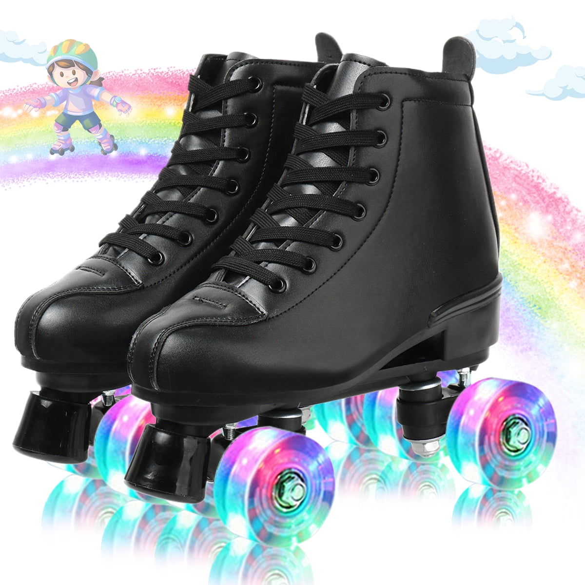 COMEONROA Kids Teen Roller Skates, Light up Wheels Black Double Row