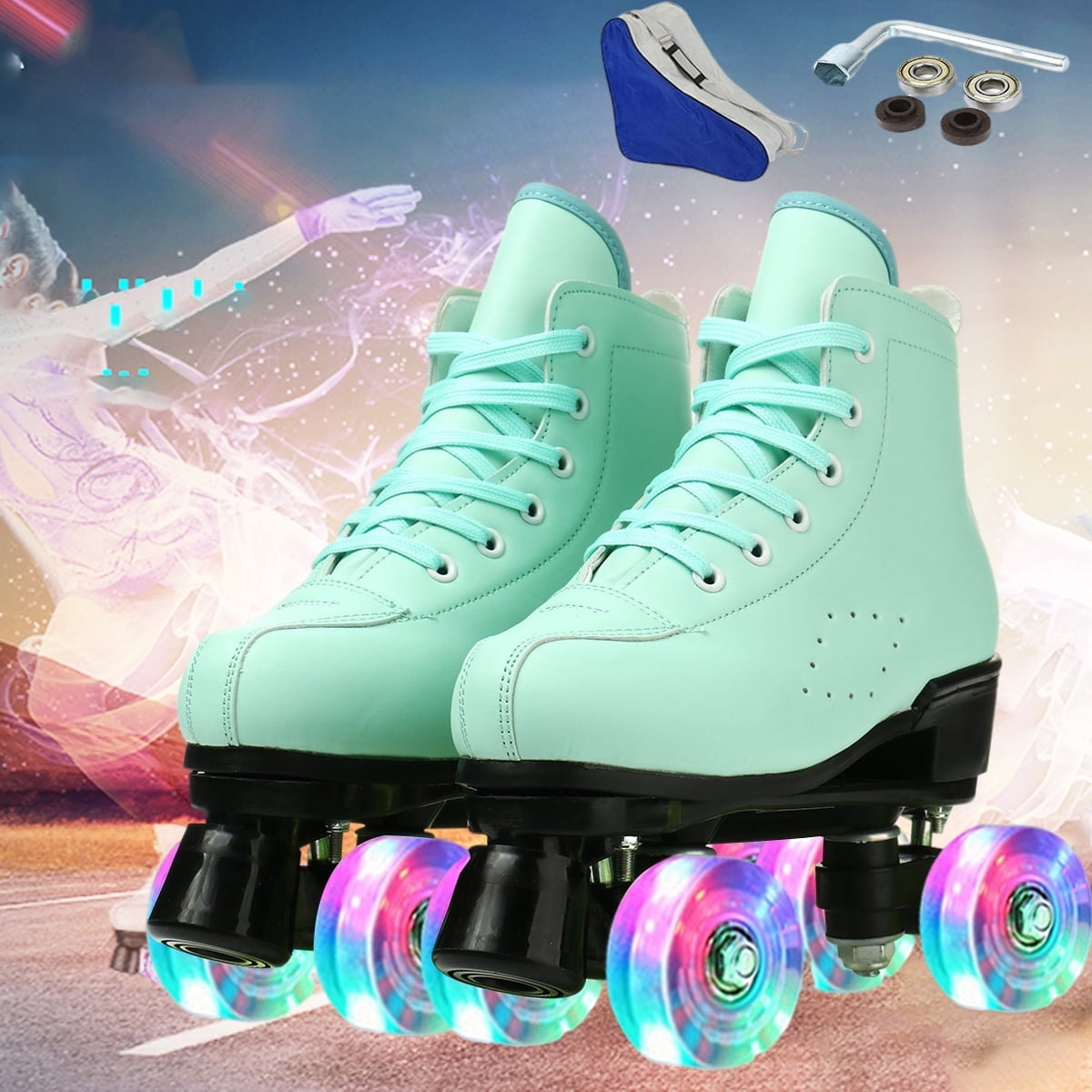 EONROACOO Kids Adult Roller Skates for Women Men, Light up Roller Sktes, Green(Women 8/Men 6.5)