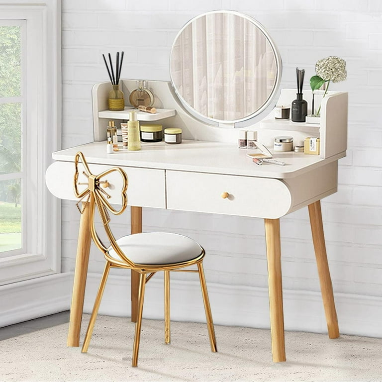 Vanity Table Set with Lighted Mirror & Stool, Makeup Vanity