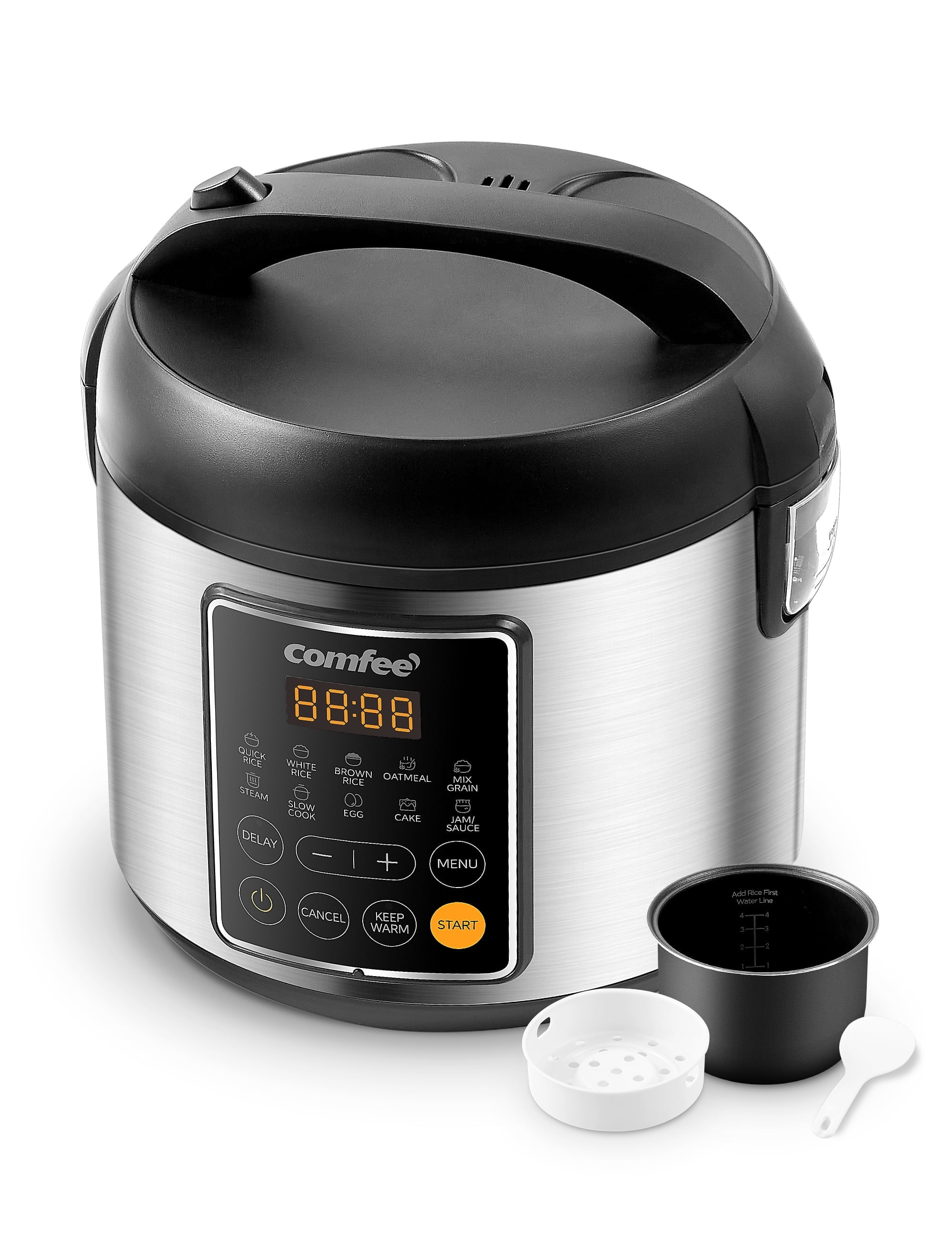 COMFEE 10Cup Rice Cooker, 5.2 Qt 8in1 Multi Cooker, Stainless Steel, Digital Programs, Steamer, Slow Cooker, Keep Warm  White Rice, Brown Rice, Quinoa