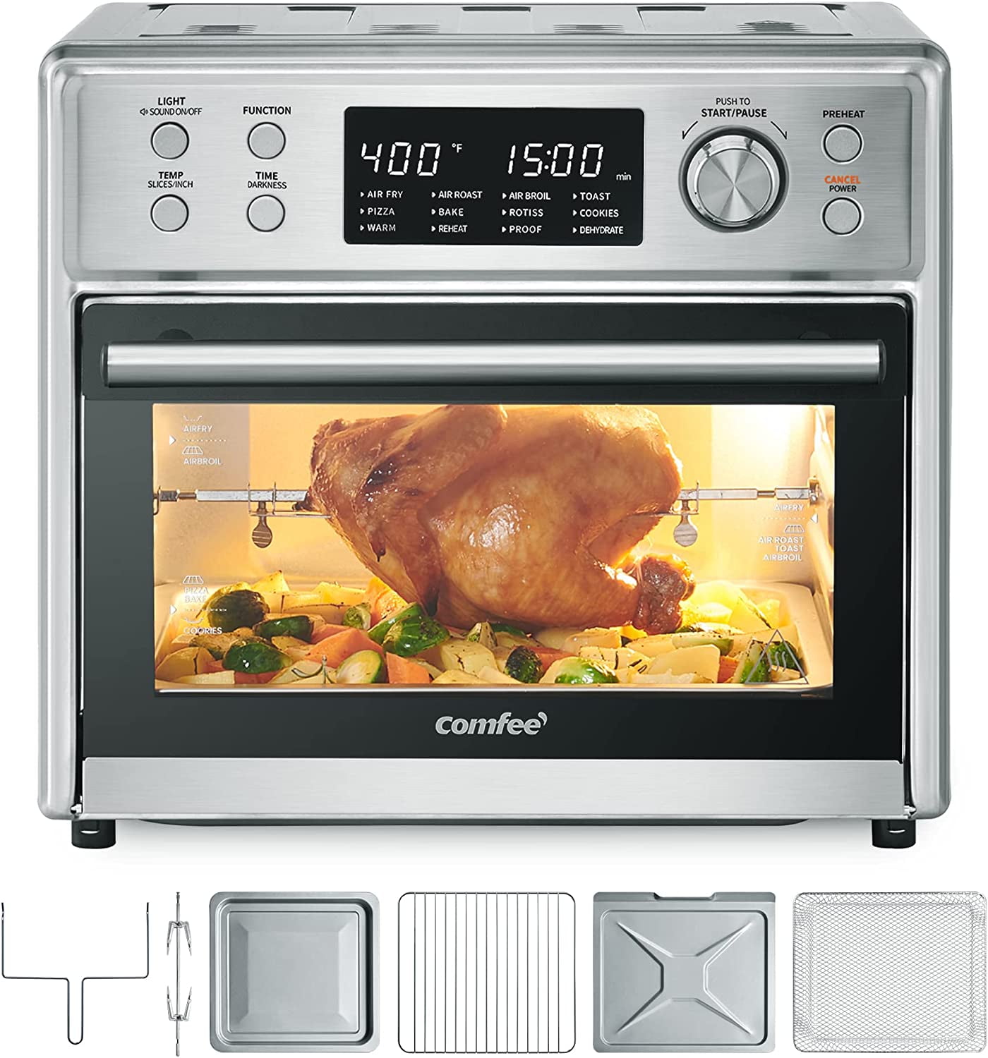 Comfee' Toaster Oven Air Fryer Combo, 12-in-1 Air Fryer Oven with Rotisserie, 6 Slice Toast 12' Pizza, Double Layer, Countertop Convection, 25L