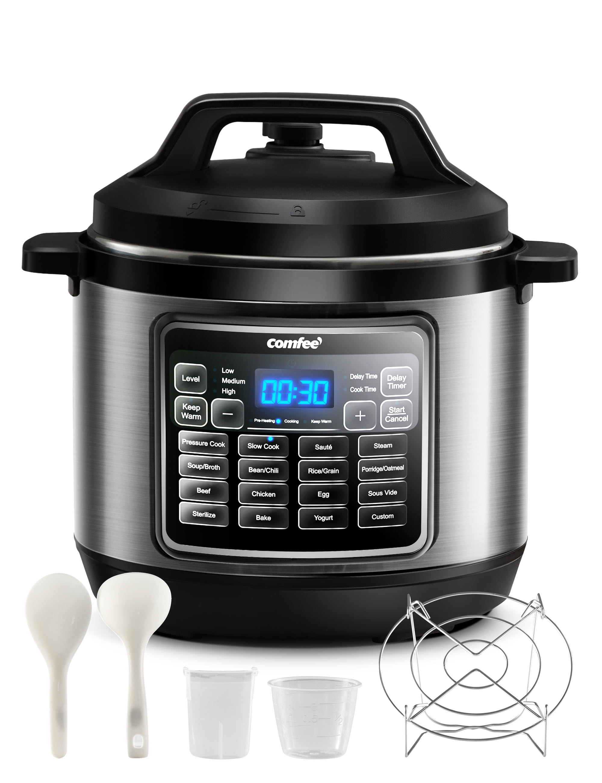 Comfee' Rice Cooker, 6-in-1 Stainless Steel Multi Cooker, Slow Cooker, Steamer, Saute, and Warmer, 2 qt, 8 Cups Cooked, Brown Rice, Quinoa and Oatmeal