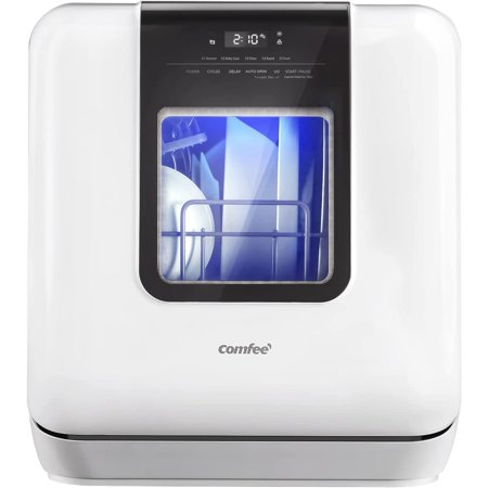 COMFEE' Countertop Dishwasher, Portable Dishwasher with 6L Built-in Water Tank, Mini Dishwasher with More Space Inside, 7 Programs, UV Hygiene& Auto Door Open, for Apartments, Dorms& RVs, White