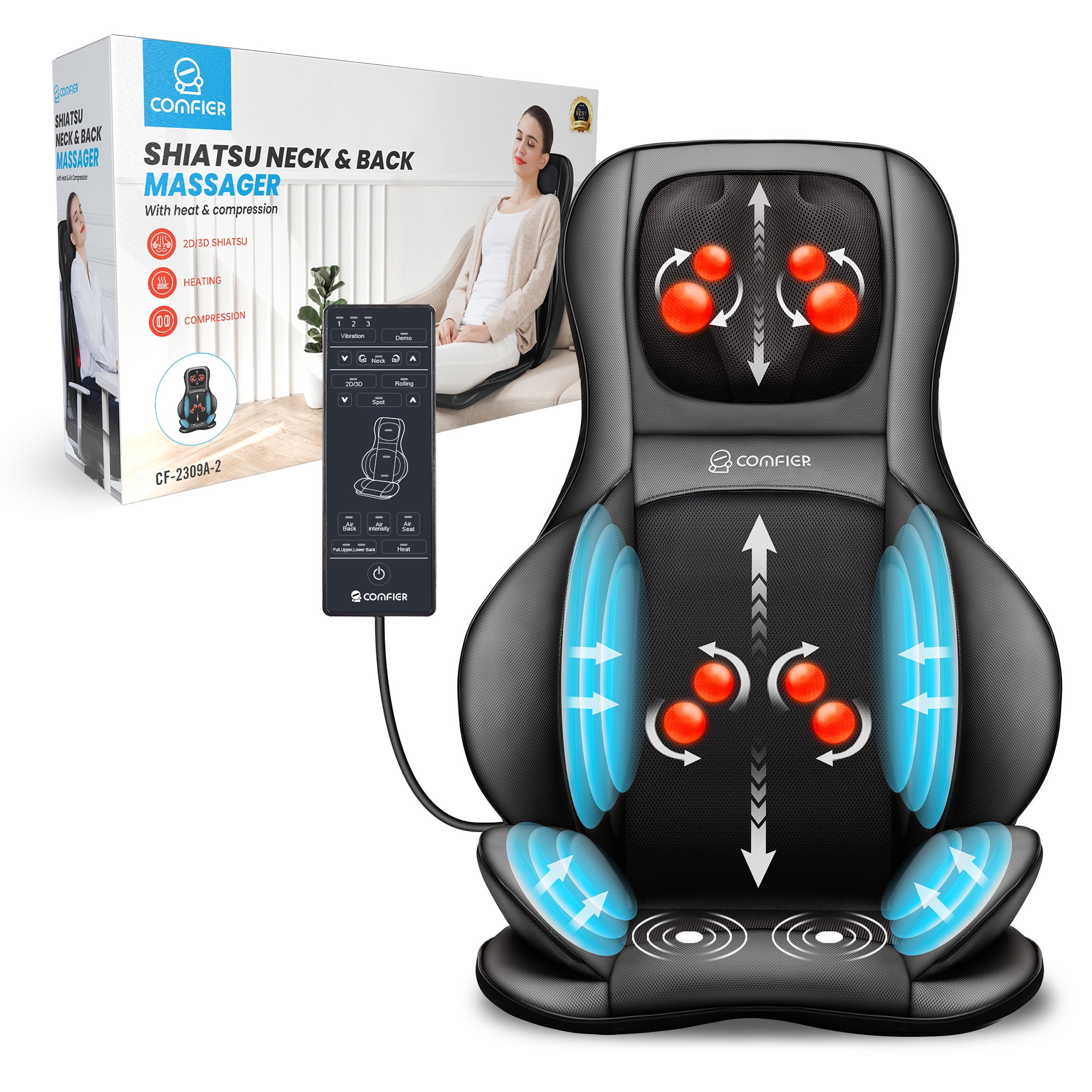COMFIER Neck Back Massager with Heat, Shiatsu Massage Chair Pad with 2D/3D  Kneading & Compression Chair Massager, Full Body Massager for Neck and Back, Shoulder,Thighs,Gifts for Mom,Dad 