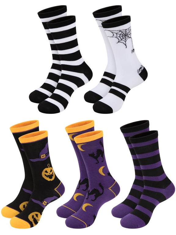 5 Pack Halloween Novelty Crew Socks For Women, Cute Black Cat, Pumpkin & Spider Web Prints
