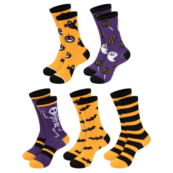 COMFOEX 5 Pack Halloween Novelty Crew Socks For Women, Cute Black Cat, Pumpkin & Spider Web Prints