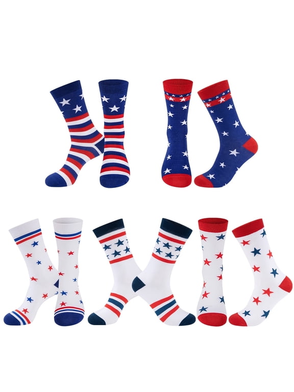 Patriotic Crew Socks 5-Pack, American Flag Stars & Stripes Novelty Socks for Women Teens, 4th of July