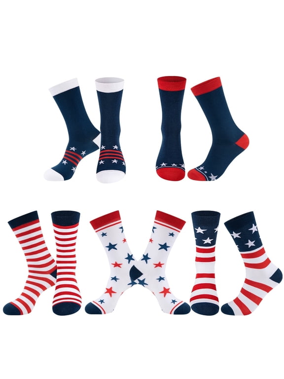 Patriotic Crew Socks 5-Pack, American Flag Stars & Stripes Novelty Socks for Women Teens, 4th of July