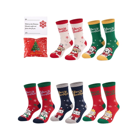 COMFOEX Women's Christmas Crew Socks, Cute Dog Cat Animal Print Holiday Socks, Cotton Novelty Christmas Socks 5 Pairs, Warm Winter Socks for Women Gifts.