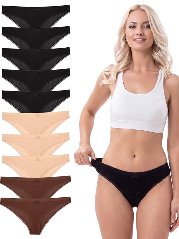 Women's Cotton Bikini Panties 10 Pack, Mid/Low Waist Lace Trim Bow Accent Breathable Underwear