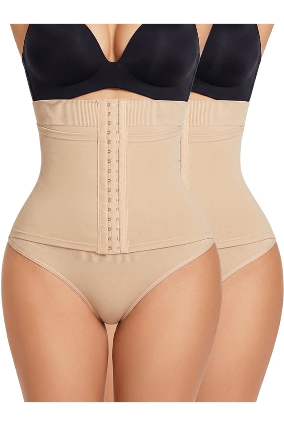 Womens Tummy Control Thong Underwear High Waisted Shapewear Compression Panties With Adjustable Hooks 2 Pack