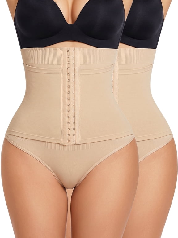 Womens Tummy Control Thong Underwear High Waisted Shapewear Compression Panties With Adjustable Hooks 2 Pack