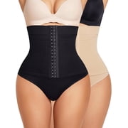 COMFOEX Womens Tummy Control Thong Underwear High Waisted Shapewear Compression Panties With Adjustable Hooks 2 Pack