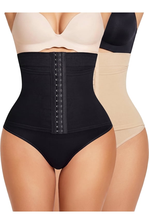 Womens Tummy Control Thong Underwear High Waisted Shapewear Compression Panties With Adjustable Hooks 2 Pack