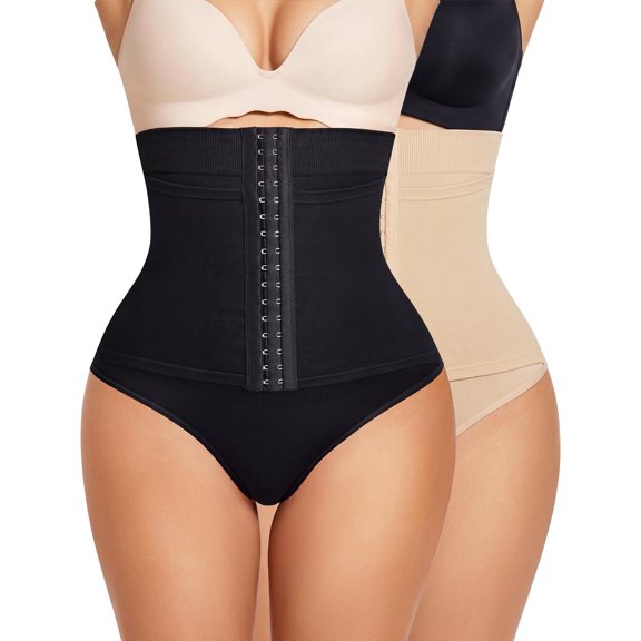 COMFOEX Womens Tummy Control Thong Underwear High Waisted Shapewear Compression Panties With Adjustable Hooks 2 Pack