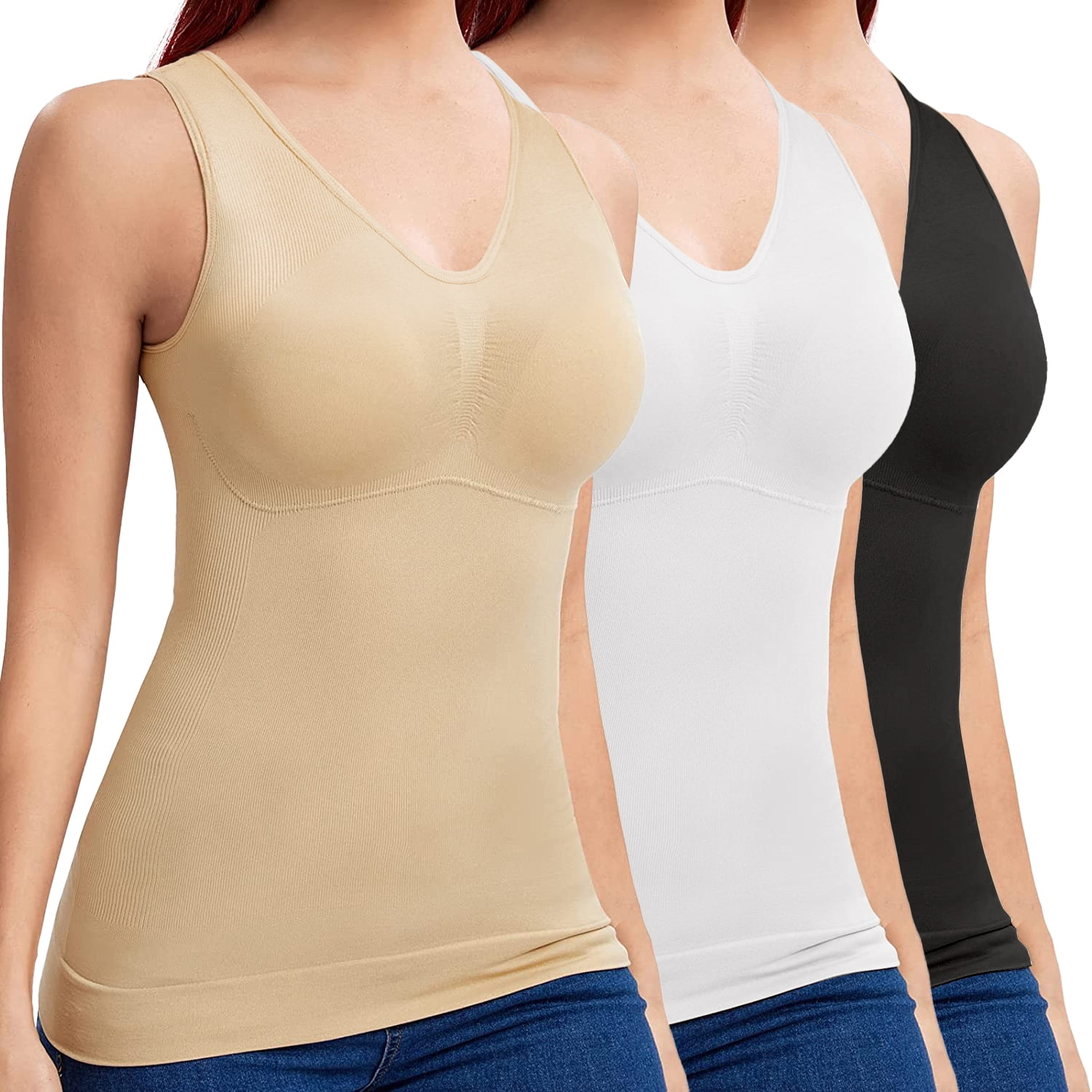 Comfree 3 Pack Womens Shapewear Tank Tops With Built In Bra Tummy Control Cami Shaper