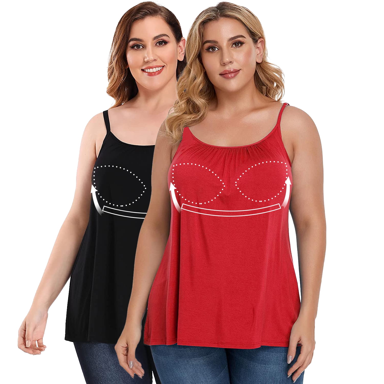 Anyfit Wear 2 Pack Loose Tank Top with Built in Bra for Women Plus Size  Sleeveless Crewneck Shirts Top with Lace Hem Black+White S
