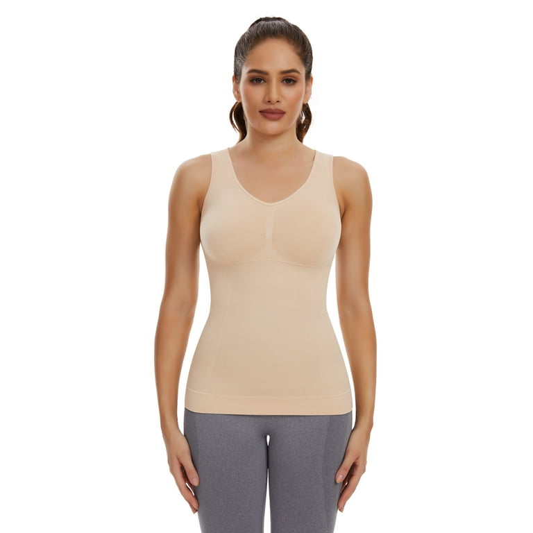 Bonivenshion Women's Compression Shaper Tummy Control Cami Shaper Removable  Pads Seamless Shaping Camisole Built in Bra Padded Tank Top-Brown<!-- -->