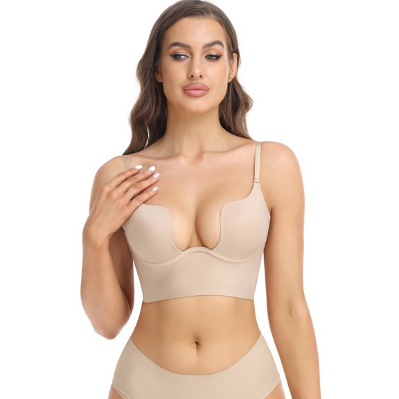 COMFREE Low Back Bras for Women Deep U Plunge Backless Bras Seamless Halter Bras Wire Lifting Low Cut Bra