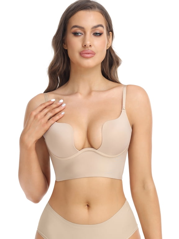 Low Back Bras for Women Deep U Plunge Backless Bras Seamless Halter Bras Wire Lifting Low Cut Bra
