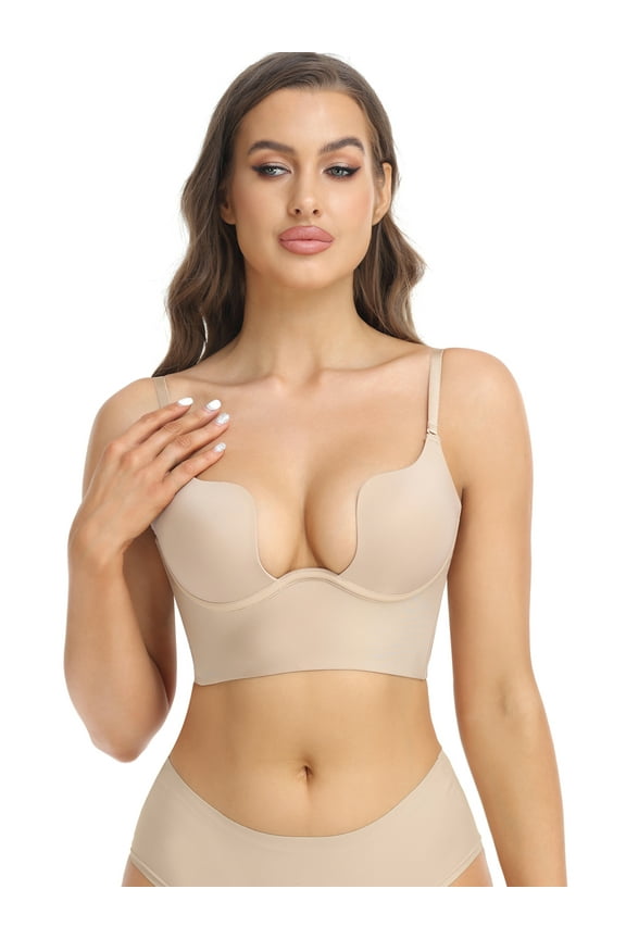 Low Back Bras for Women Deep U Plunge Backless Bras Seamless Halter Bras Wire Lifting Low Cut Bra