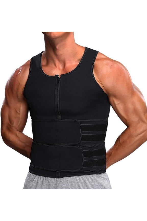 Men Neoprene Sauna Zipper Waist Trainer Vest Tank Top Trimmer Body Shaper with Two Belt