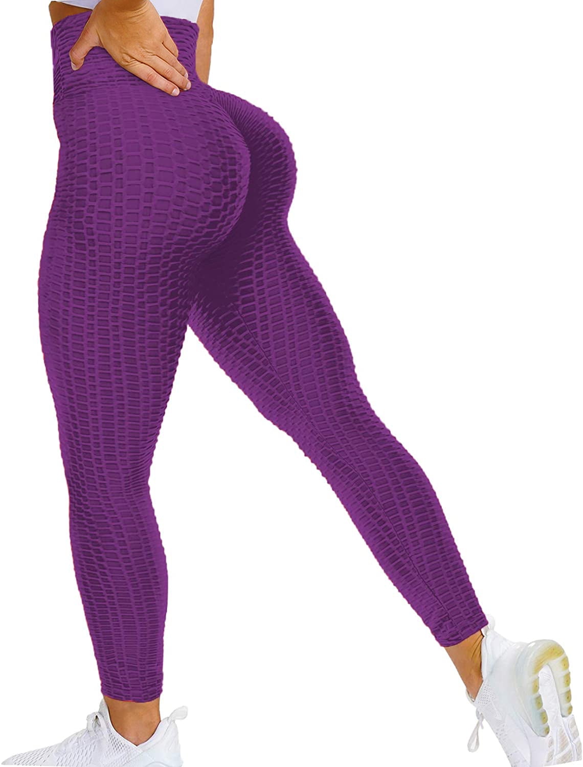 Feinuhan Women's High Waisted Yoga Pants Tummy Control Booty Leggings  Workout Running Butt Lift Tights, Purple, Medium 