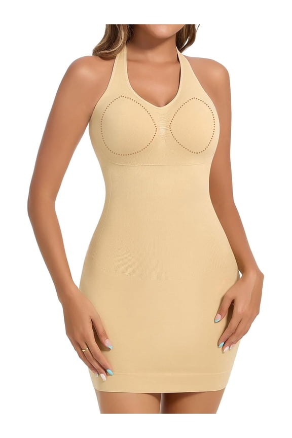 Women Shapewear Slips Halter Dress with Built in Bra Tummy Control Full Slips Adjustable Strap