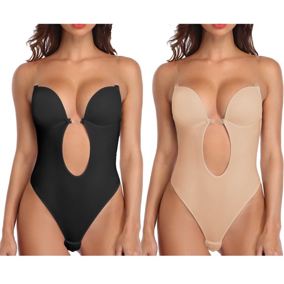 COMFREE Women's Backless Shapewear Bra U Plunge Seamless Low Back Thong Body Shaper Deep V Bodysuit