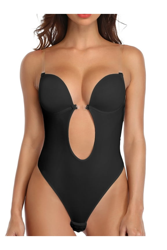 Women's Backless Shapewear Bra U Plunge Seamless Low Back Thong Body Shaper Deep V Bodysuit