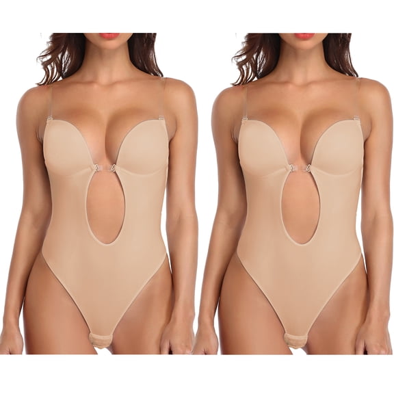 COMFREE Women's Backless Shapewear Bra U Plunge Seamless Low Back Thong Body Shaper Deep V Bodysuit