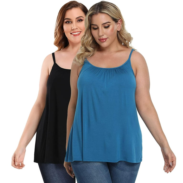 CARCOS Womens Plus Size Camisoles with Built in Shelf Bras Summer Tank Top  Wide Strap Swing Lace Flowy Pleated Sleeveless Tops Black-White-Navy,4XL 