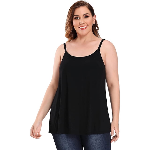 Women's Tank Top With Built-In Bra – Basic Camisole, Wide Strap Sleeveless Top For Summer & Lounge, White - Black, Medium