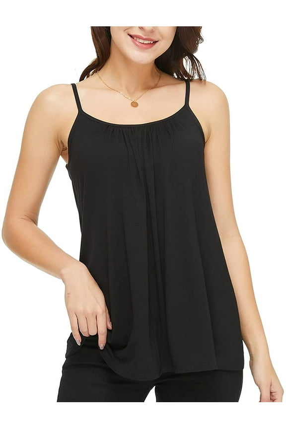 Women's Camisole with Built in Bra Tank Top Flowy Swing Pleated Tank Top Cami with Adjustable Strap