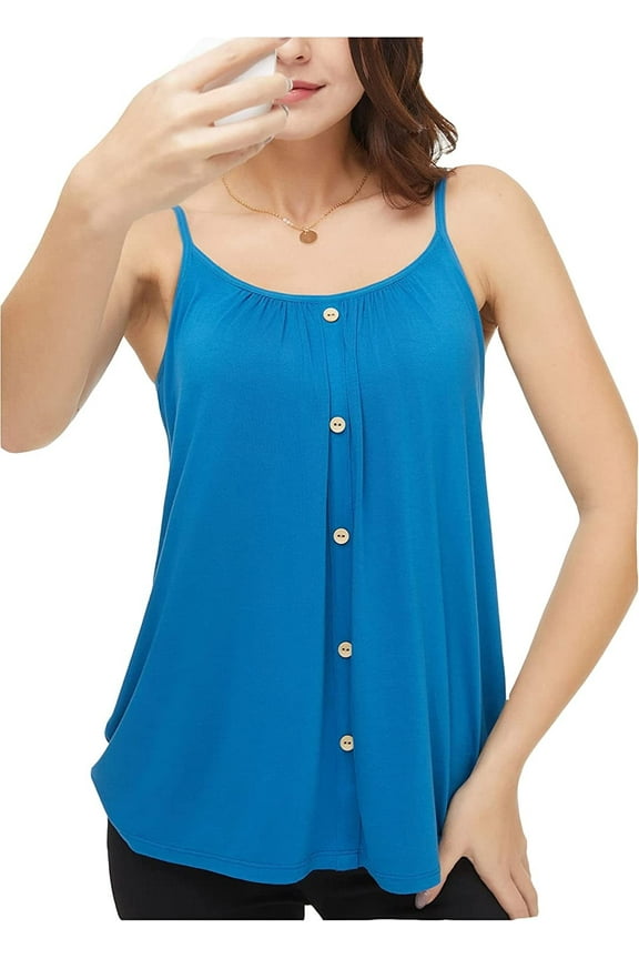 Women's Camisole with Built in Bra Tank Top Flowy Swing Pleated Tank Top Cami with T-Button Adjustable Strap