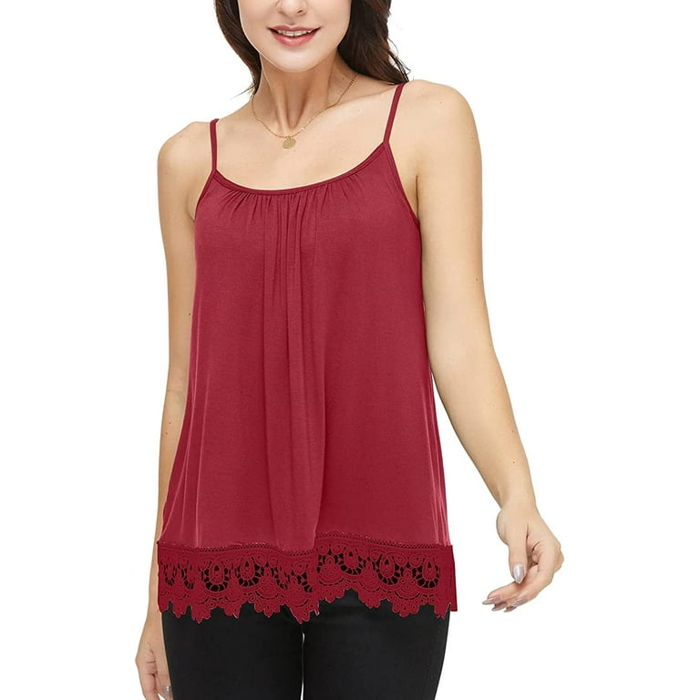 COMFREE Women's Camisole with Built in Bra Tank Top Flowy Swing Pleated  Tank Top Cami with lace Trim Red Wine